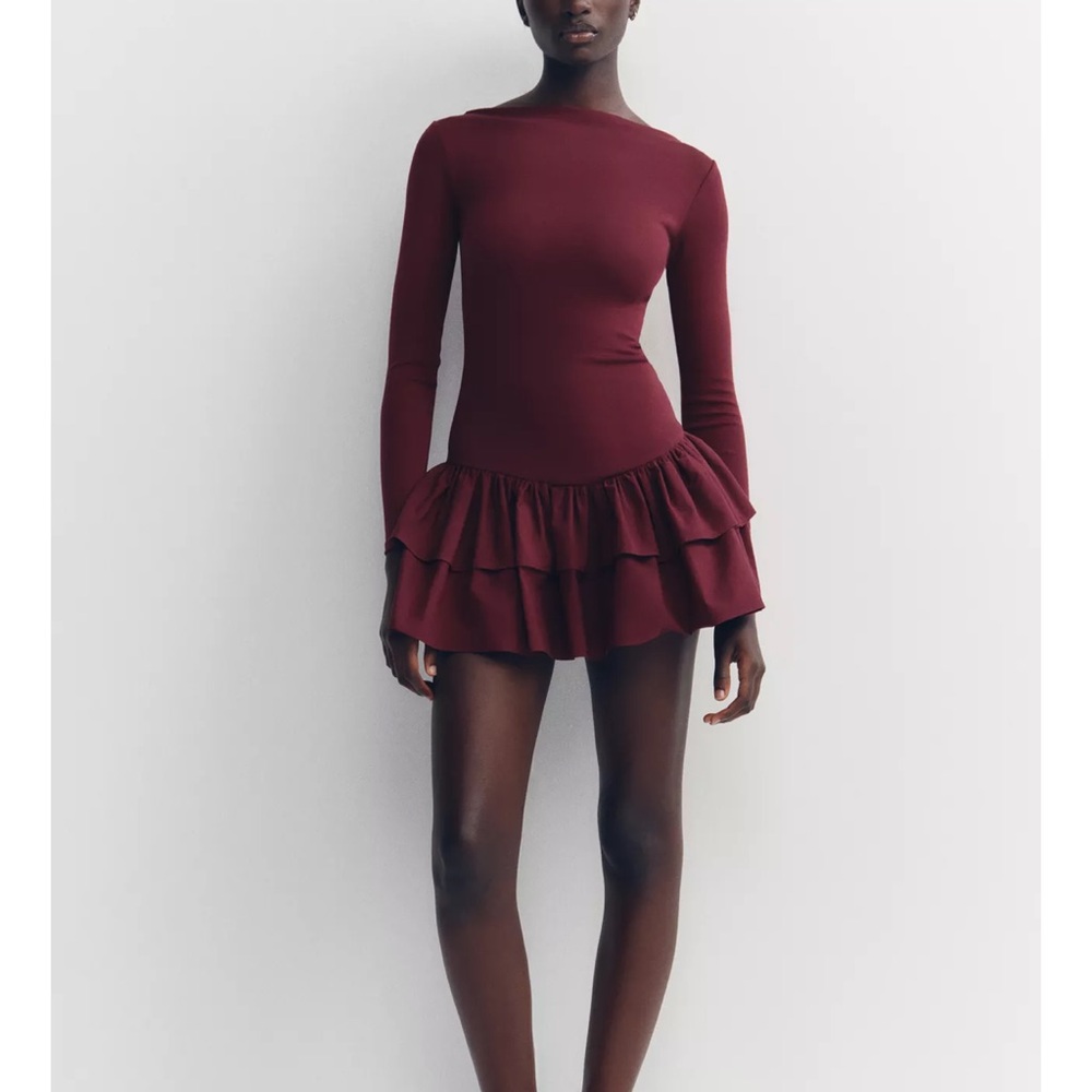 Zara Elegant Burgundy Ruffle Dress